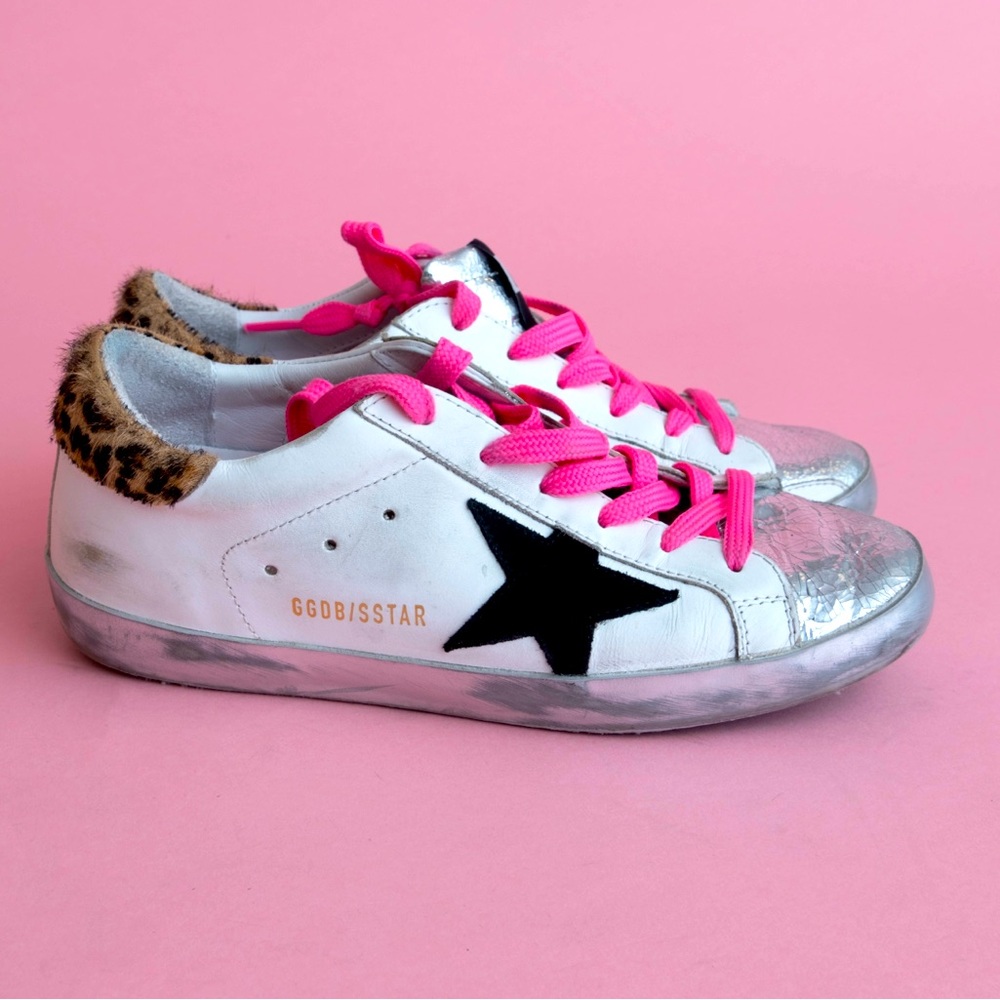 Golden Goose White Sneakers with Black Star, Pink Laces & Leopard Heel
